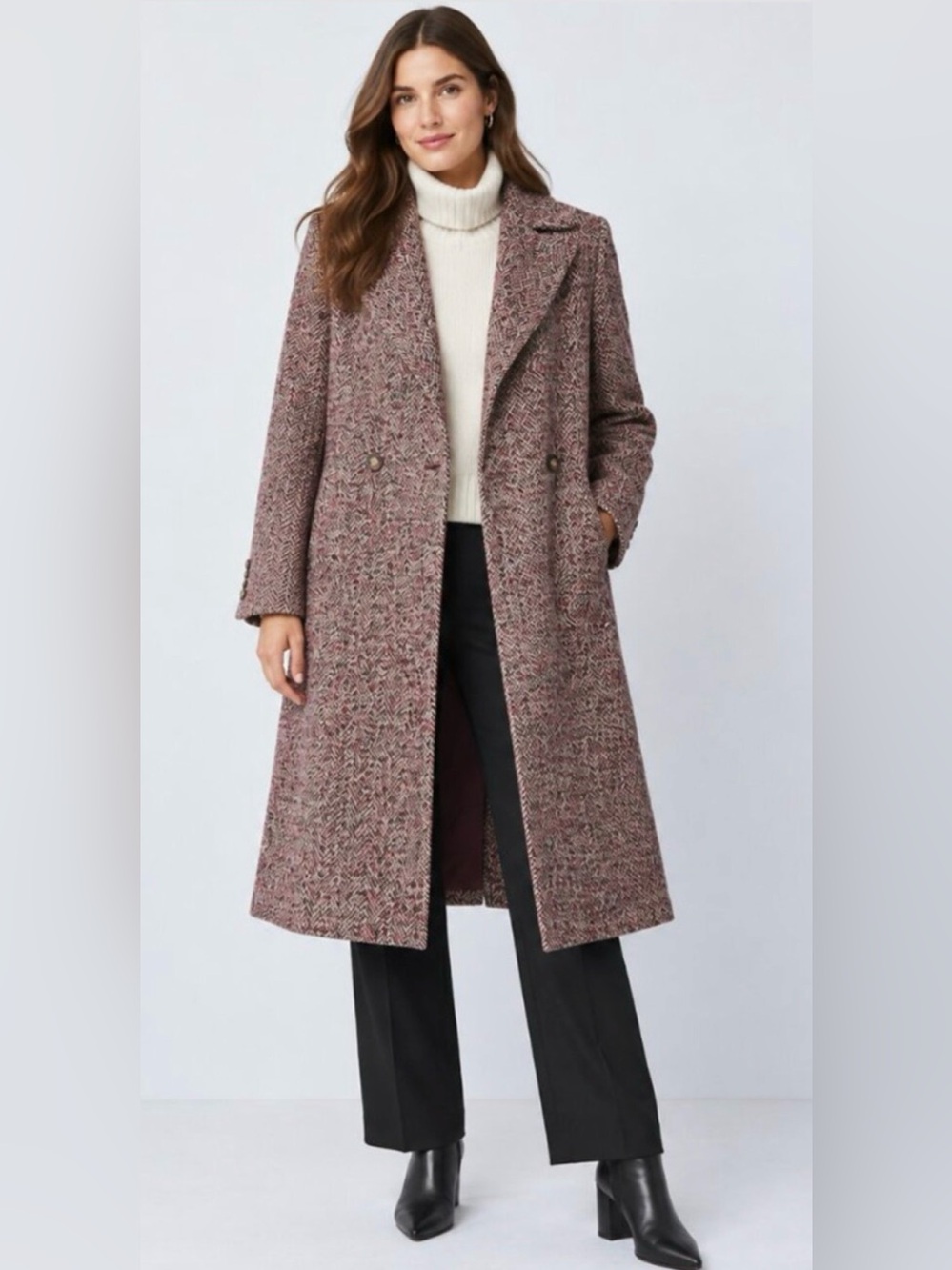 NEW ANN TAYLOR RED PURPLE MULTI HERRINGBONE DOUBLE BREASTED LONG COAT SZ L